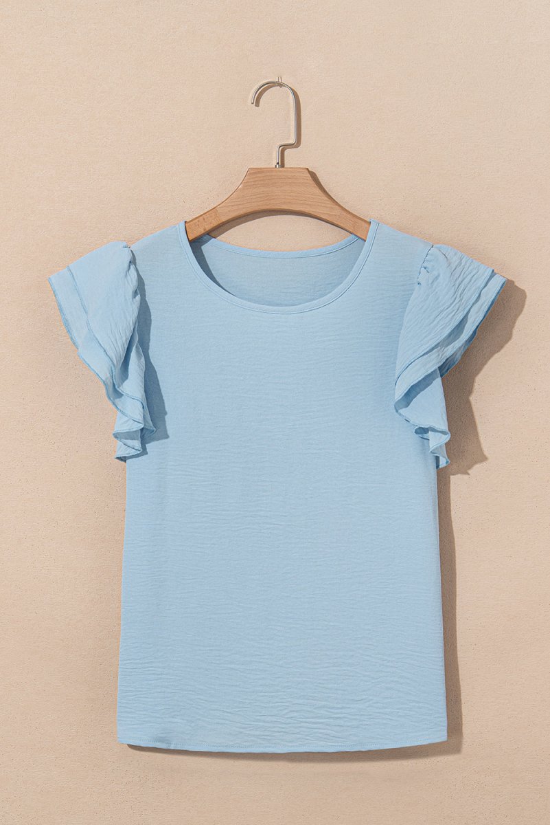 Mist Blue Solid Color Ruffled Short Sleeve Casual Blouse - Love Salve